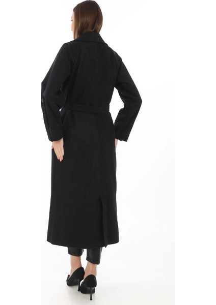 Kadın Uzun Kaşe Kaban - Yünlü Dokuma Kaşmir Kumaş, Kruvaze Yaka, Kuşaklı Astarlı Tesettür Uyumlu Şık Kışlık Siyah Model - Siyah modelleri