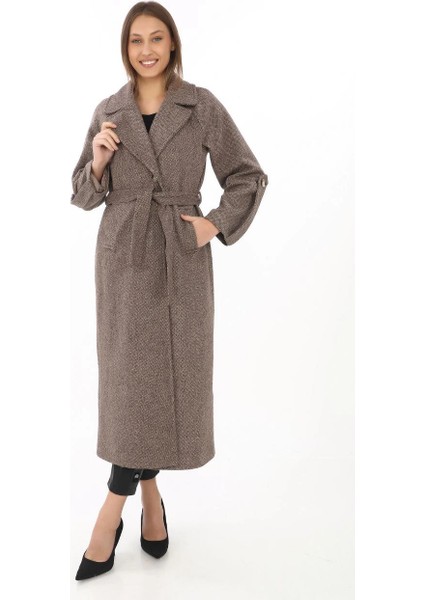 Kadın Uzun Kaşe Kaban - Yünlü Dokuma Kaşmir Kumaş, Kruvaze Yaka, Kuşaklı Astarlı Tesettür Uyumlu Şık Kışlık Siyah Model- Vizon