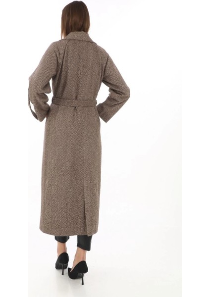 Kadın Uzun Kaşe Kaban - Yünlü Dokuma Kaşmir Kumaş, Kruvaze Yaka, Kuşaklı Astarlı Tesettür Uyumlu Şık Kışlık Siyah Model- Vizon fırsatları