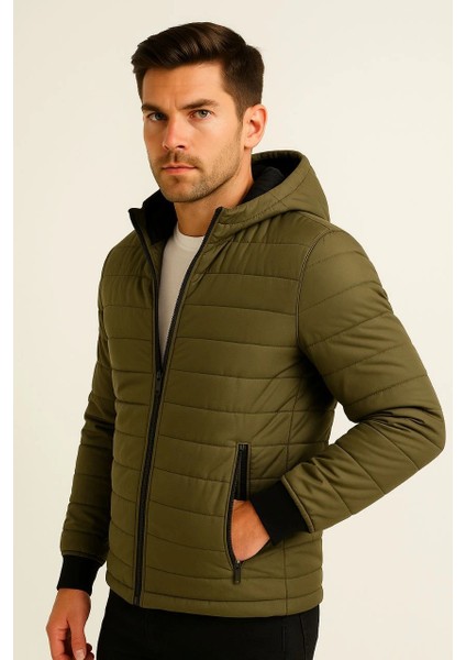 Erkek Şişme Kapüşonlu Fermuarlı Mont Su Itici Kapitone Astarlı Kumaş Cepli Kışlık Rahat Kalıp - Haki