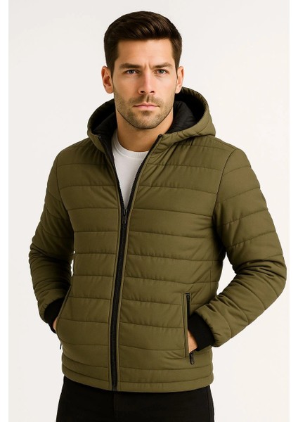 Erkek Şişme Kapüşonlu Fermuarlı Mont Su Itici Kapitone Astarlı Kumaş Cepli Kışlık Rahat Kalıp - Haki fiyatları