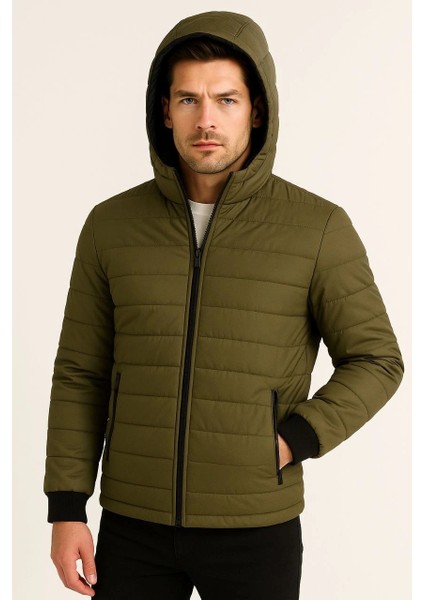 Erkek Şişme Kapüşonlu Fermuarlı Mont Su Itici Kapitone Astarlı Kumaş Cepli Kışlık Rahat Kalıp - Haki modelleri