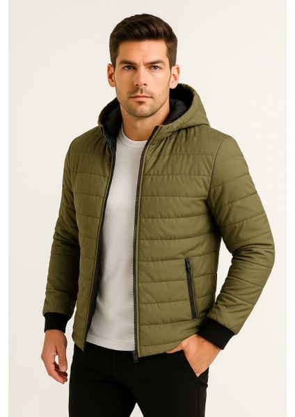 Erkek Şişme Kapüşonlu Fermuarlı Mont Su Itici Kapitone Astarlı Kumaş Cepli Kışlık Rahat Kalıp - Haki fırsatları