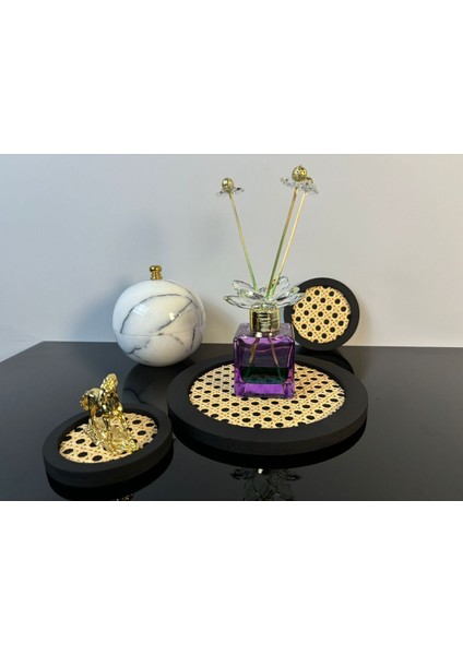 2'li Rattan Yuvarlak Set, Tepsi ve Bardak Altlığı, Siyah