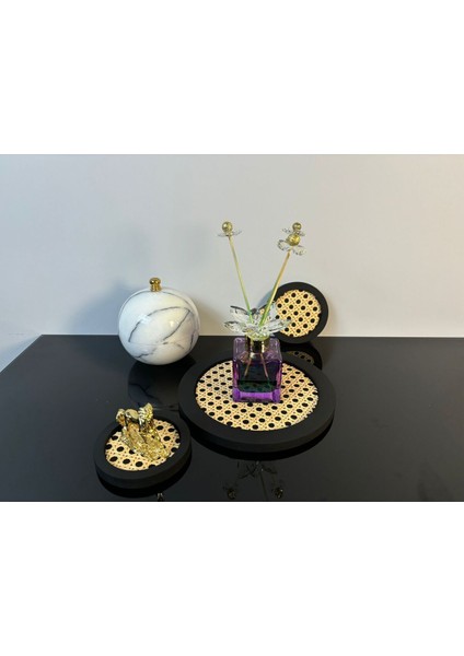 2'li Rattan Yuvarlak Set, Tepsi ve Bardak Altlığı, Siyah fırsatları