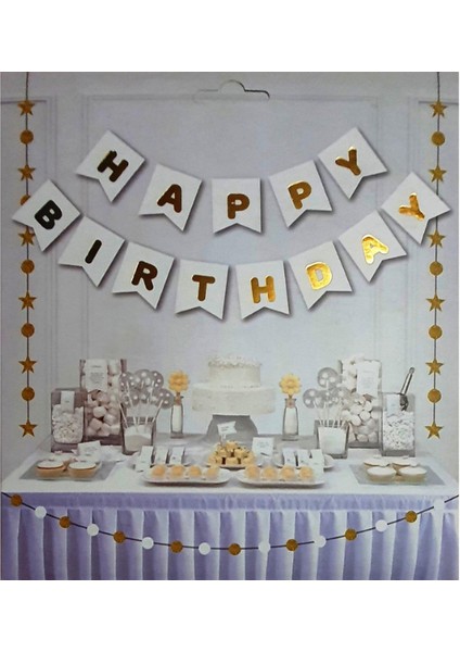 Happy Birthday Beyaz Zemine Yaldızlı Açılır Banner