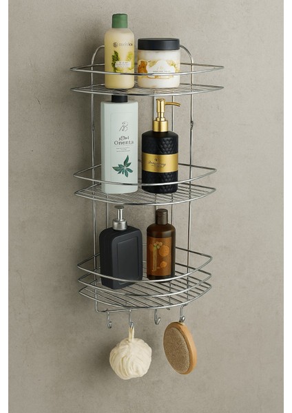 Paslanmaz Krom Yapışkanlı Banyo Köşeliği, 3 Katlı, 4 Kancalı, Şampuanlık ve Duş Rafı
