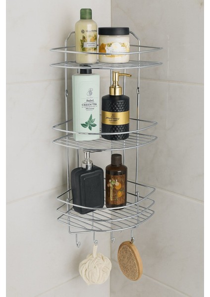 Paslanmaz Krom Yapışkanlı Banyo Köşeliği, 3 Katlı, 4 Kancalı, Şampuanlık ve Duş Rafı fiyatları