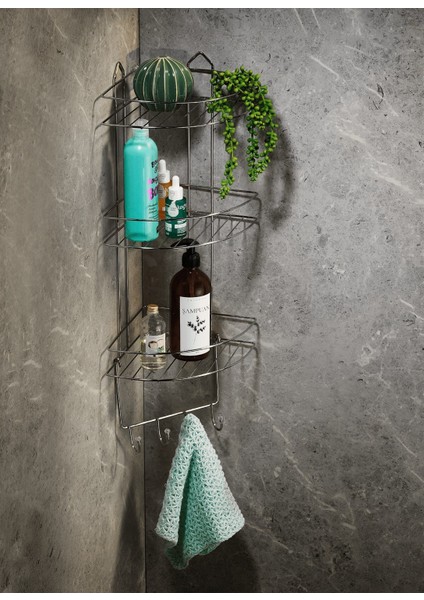 Paslanmaz Krom Yapışkanlı Banyo Köşeliği, 3 Katlı, 4 Kancalı, Şampuanlık ve Duş Rafı modelleri
