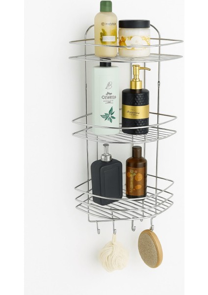 Paslanmaz Krom Yapışkanlı Banyo Köşeliği, 3 Katlı, 4 Kancalı, Şampuanlık ve Duş Rafı fırsatları