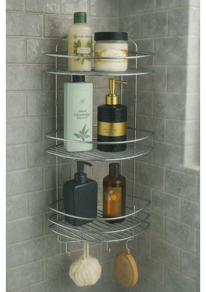 Paslanmaz Krom Yapışkanlı Banyo Köşeliği, 3 Katlı, 4 Kancalı, Şampuanlık ve Duş Rafı indirimleri