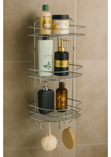 Paslanmaz Krom Yapışkanlı Banyo Köşeliği, 3 Katlı, 4 Kancalı, Şampuanlık ve Duş Rafı