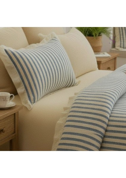Mavi-Bej % 100 Pamuk Fırfır Iplik Boyalı Nevresim Takımı,modern Çizgili (Tek Kişilik)