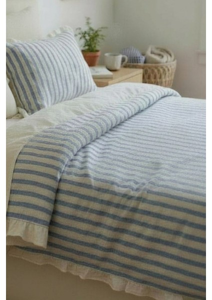 Mavi-Bej % 100 Pamuk Fırfır Iplik Boyalı Nevresim Takımı,modern Çizgili (Tek Kişilik) fiyatları