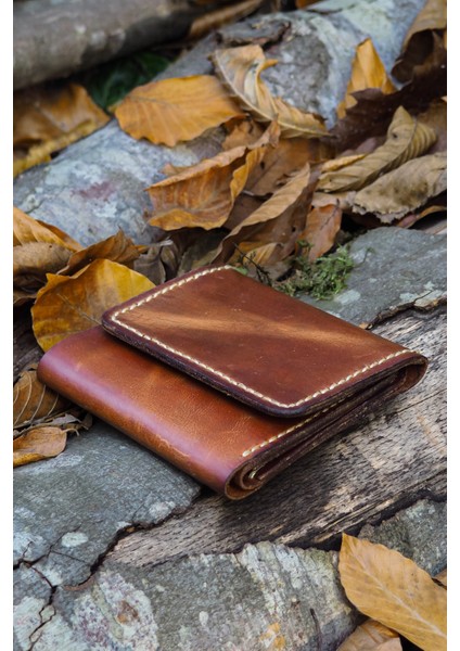 Deri Erkek Tri-Fold Cüzdan - Hakiki Dana Derisi - El Işçiliği