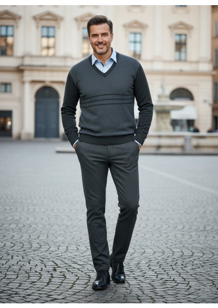 Erkek Kışlık Kazak Rahat Kesim Triko Dokuma V Yaka Desenli Klasik ve Şık fırsatları