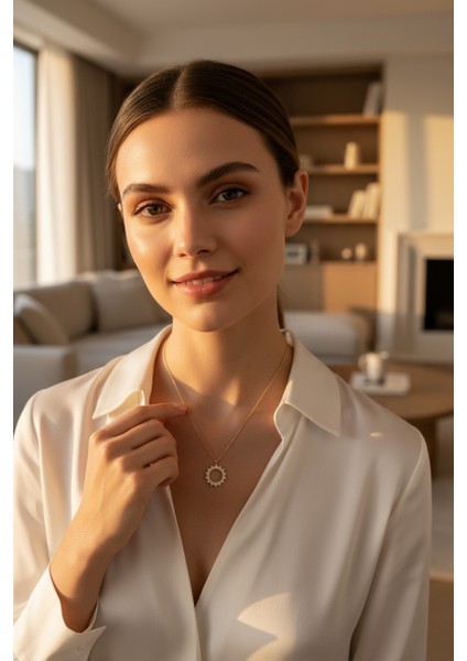 Güneş Figürlü Zirkon Taşlı Çember 14 Ayar Altın Kolye modelleri