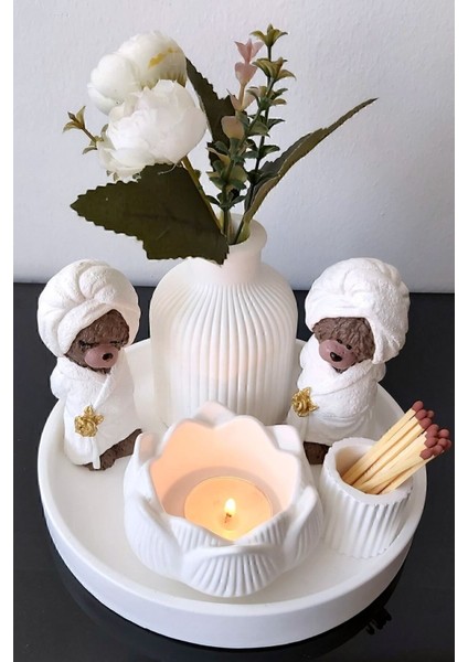 Sevimli Ayıcık Desenli Yuvarlak Tepsi, Sunumluk, Vazo ve Banyo Aksesuar Seti modelleri