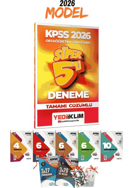 2026 Kpss Gygk Yediiklim Yayınları Ortaöğretim Önlisans Süper 5 Deneme ve 7li Branş Deneme Seti