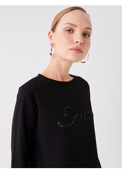 Yeni Sezon Bisiklet Yaka Payet Işlemeli Uzun Kollu Kadın Tunik