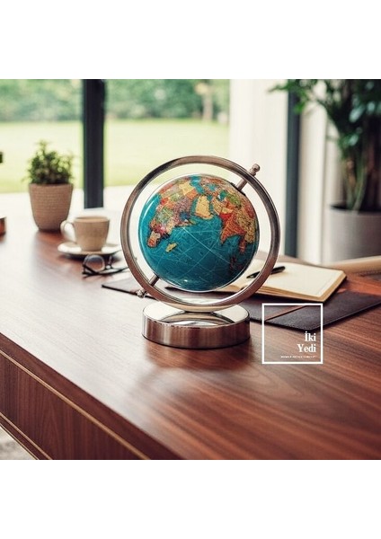 Yeovil Metal Krom Masaüstü Dünya Küresi 20 cm Dekoratif Küre Ofis Ev Aksesuarı Mavi Hediye Aksesuar