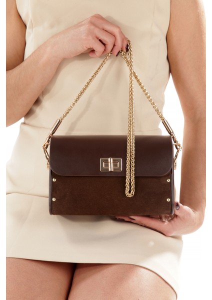 Liora Kahverengi Süet Çapraz Zincir Askılı Günlük Abiye Gerçek Deri Kadın El ve Omuz Çantası