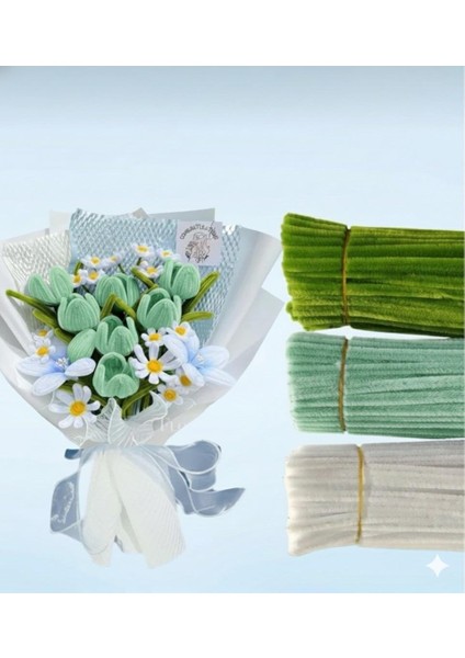 3'lü Şönil Set 50 Adet Mint Yeşili, 25 Adet Beyaz, 25 Adet Haki Ordu Yeşili Şönil ,tüylü Tel