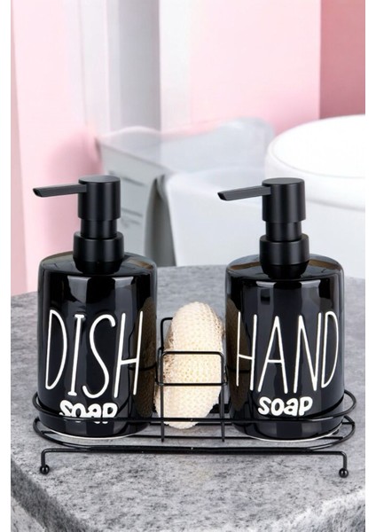 2'li Metal Standlı Süngerli Sabunluk Seti, 400ML Mutfak Deterjan Şişesi, Siyah
