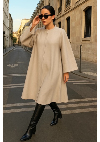 Kadın Kışlık Krem Kaşe Tesettür Kaban