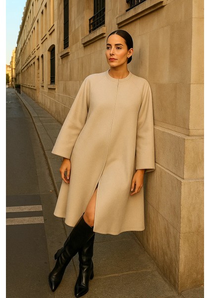 Kadın Kışlık Krem Kaşe Tesettür Kaban modelleri