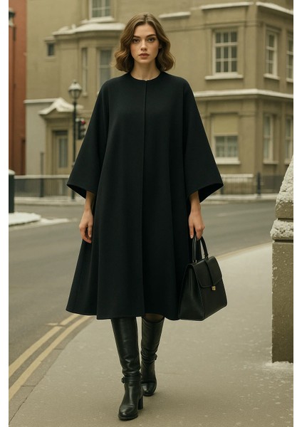 Kadın Kışlık Uzun Siyah Kaşe Kaban