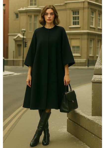 Kadın Kışlık Uzun Siyah Kaşe Kaban fırsatları