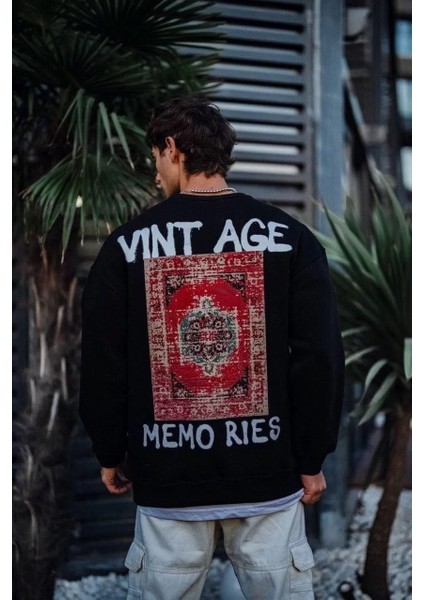 Oversize Bisiklet Yaka Üç Iplik Baskılı Sweatshirt - Siyah