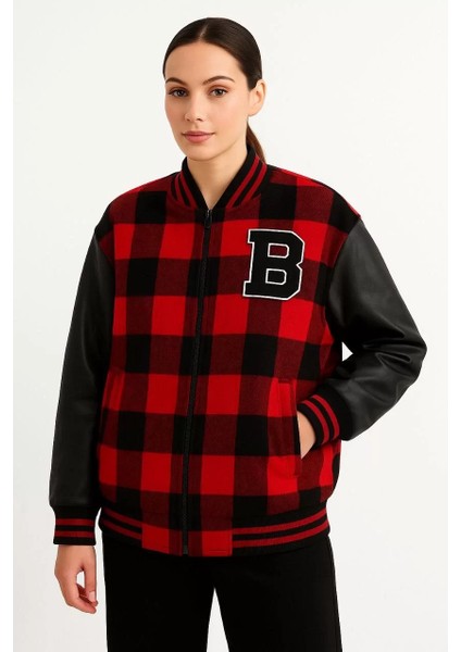 Kadın Kolej Ceket – Kareli Oduncu Kumaş, Kolları Suni Deri, Fermuarlı, Içi Kapitone Astarlı, Nakışlı Oversize Bahar & Kış Stil - Bordo modelleri