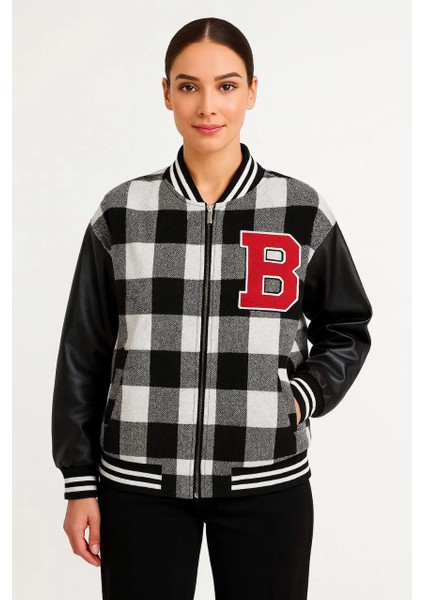 Kadın Kolej Ceket – Kareli Oduncu Kumaş, Kolları Suni Deri, Fermuarlı, Içi Kapitone Astarlı, Nakışlı Oversize Bahar & Kış Stil - Gri