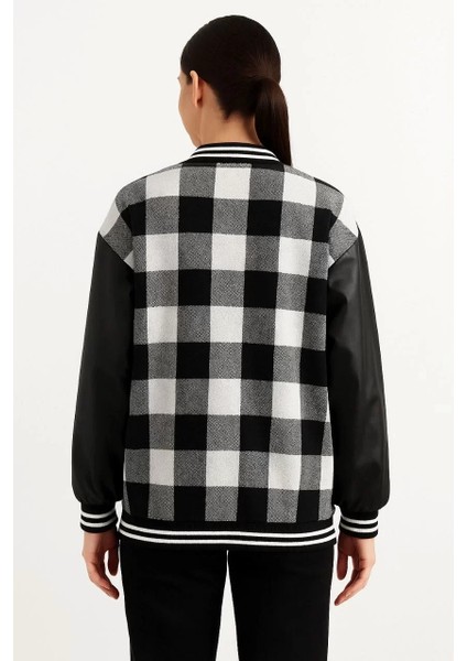 Kadın Kolej Ceket – Kareli Oduncu Kumaş, Kolları Suni Deri, Fermuarlı, Içi Kapitone Astarlı, Nakışlı Oversize Bahar & Kış Stil - Gri fiyatları