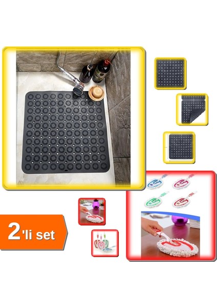 Renkli Kare Vantuzlu Paspas ve Mikrofiber Toz Alıcı 2'li Set