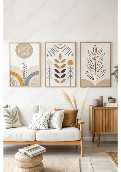 Bohem Minimalist Ahşap Çerçeveli Tablo - 3'lü Tablo Seti - Duvar Tablosu - Üçlü Tablo