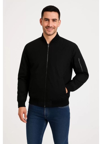 Erkek Bomber Mont Ceket – Fermuarlı, Kapitone Içi Astarlı, Su Itici Kumaş, Regular Fit, Uzun Kollu, Yandan Cepli, Bahar & Kış Rahat Günlük Stil - Siyah