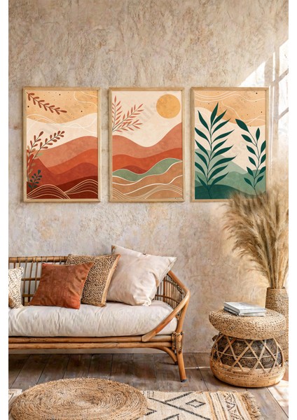 Bohem Ahşap Çerçeveli Tablo - 3'lü Tablo Set - Duvar Tablo - Üçlü Tablo - Salon Tablo - Mutfak Tablo