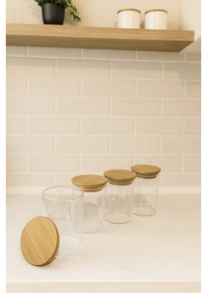 Bambu Kapaklı Vakumlu Borosilikat Cam Kavanoz 4 Adet 8.5cm x 6 cm 200 ml