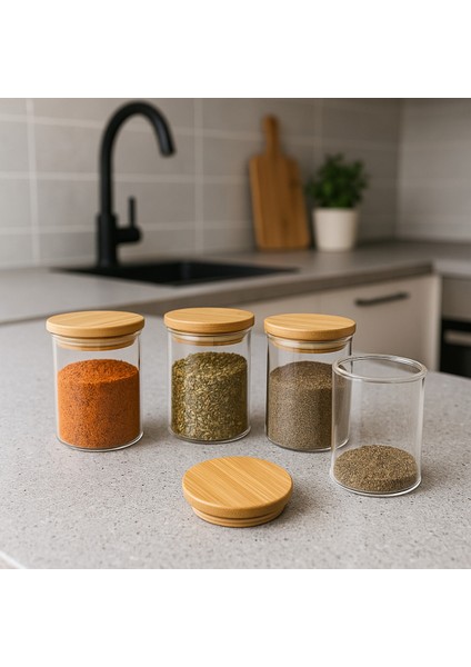 Bambu Kapaklı Vakumlu Borosilikat Cam Kavanoz 4 Adet 8.5cm x 6 cm 200 ml modelleri