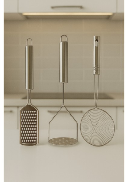 3'lü Pratik Mutfak Seti Rende Patates Ezici Kevgir