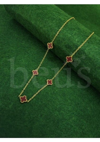 - Bordo Yonca Model Gold Kaplama Çelik Kolye