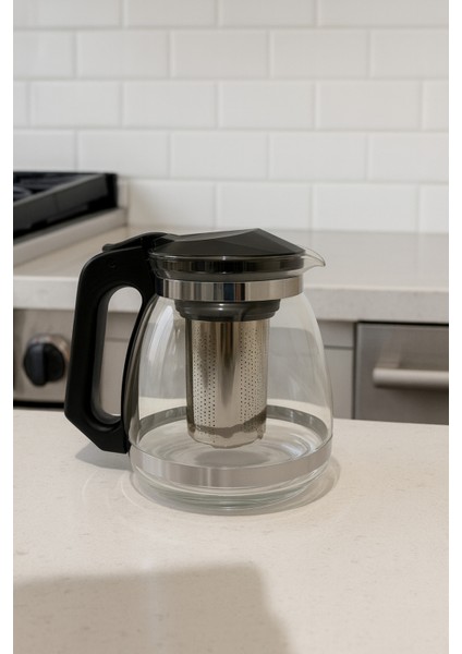 Süzgeçli Cam Demlik 900 ml Çay- Bitki Çayı Demliği