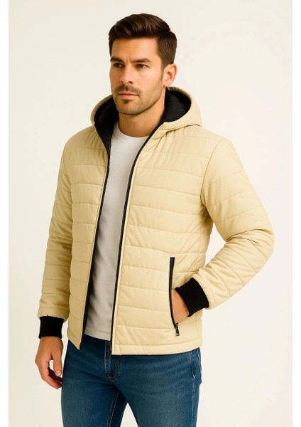 Erkek Şişme Kapüşonlu Fermuarlı Mont Su Itici Kapitone Astarlı Kumaş Cepli Kışlık Rahat Kalıp - Bej