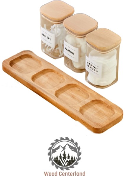 3'lü Ahşap Kapaklı Akrilik Diş Ipi, Kulak Pamuğu ve Pamuk Banyo Seti, Bej