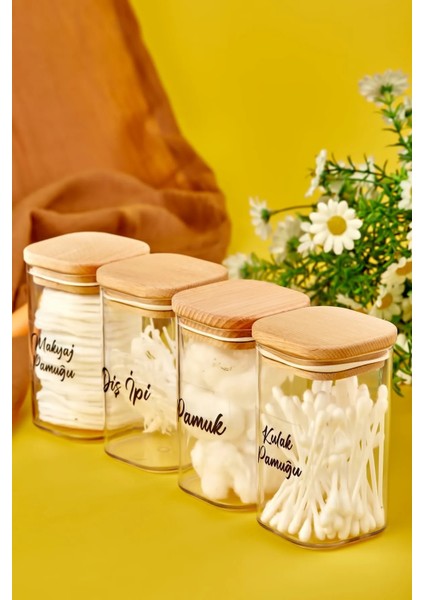 3'lü Ahşap Kapaklı Akrilik Diş Ipi, Kulak Pamuğu ve Pamuk Banyo Seti, Bej fiyatları