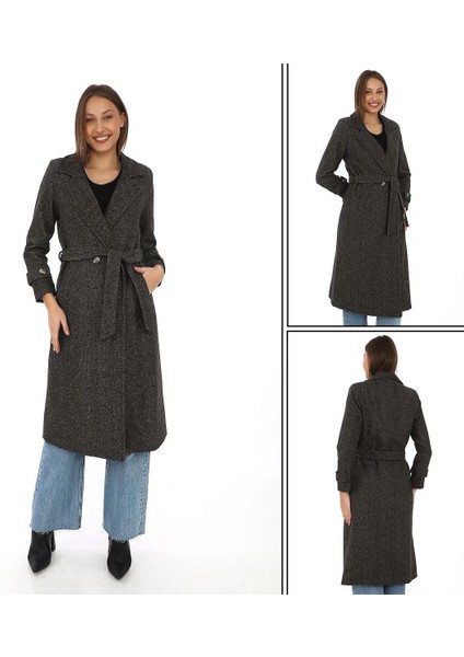 Kadın Kaşe Kaban - Uzun Boy 115 cm Kruvaze Yaka Kuşaklı Astarlı Kışlık Tesettür Kaban, Yünlü Dokuma Kaşmir Kumaş, Cepli Oversize Rahat Kalıp Şık Modern Kaban Mont Modeli - Siyah indirimleri