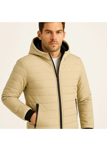 Erkek Şişme Kapüşonlu Fermuarlı Mont Su Itici Kapitone Astarlı Kumaş Cepli Kışlık Rahat Kalıp - Bej modelleri